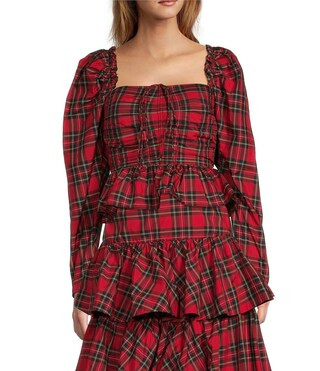 Elvira Plaid Tie Square Neck Long Puffed Sleeve Blouse | Dillard's