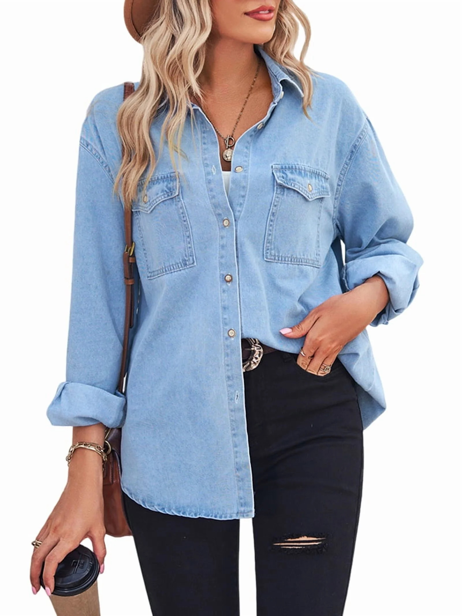 Denim Button Down Shirts for Women Long Sleeve Lightweight Western Relaxed Single Pocket Jean Shi... | Walmart (US)