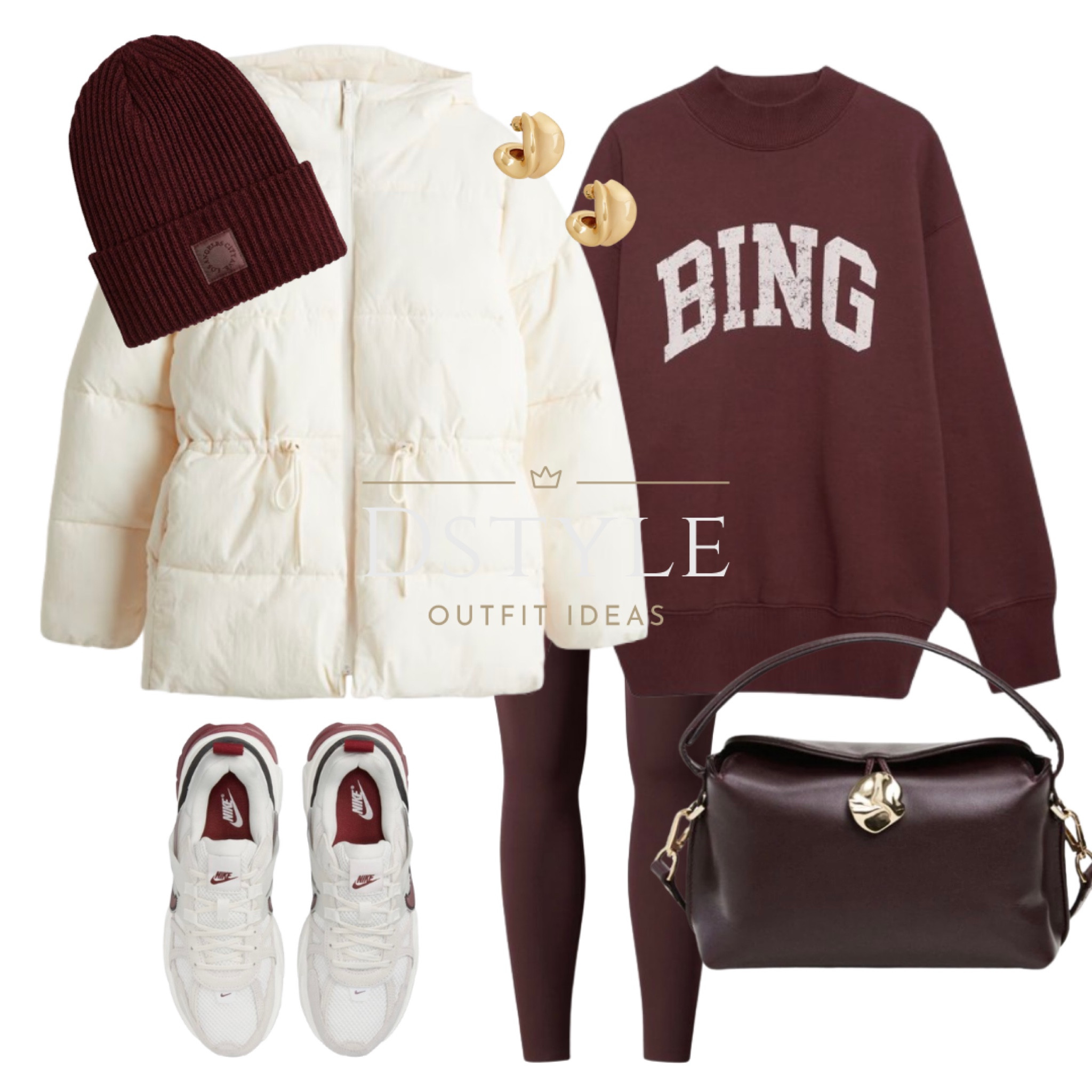 Cream oversized drawstring-waist puffer jacket, burgundy leggings, sweatshirt in deep burgundy, dark burgundy leather bag, dark red beanie hat, Nike sneakers/trainers

#LTKStyleTip #LTKShoeCrush #LTKTravel