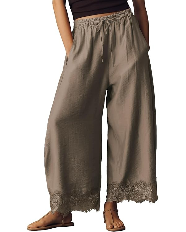 Women Cropped Lace Hem Pants Casual Drawstring Elastic High Waisted Trousers Summer Beach Flowy P... | Amazon (US)