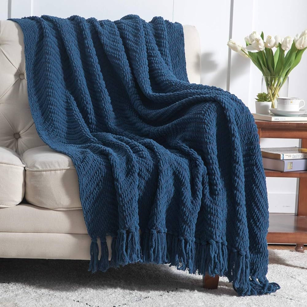 Bedsure Navy Blue Throw Blanket for Couch – Knit Woven Chenille Blanket Versatile for Chair, 50... | Amazon (US)