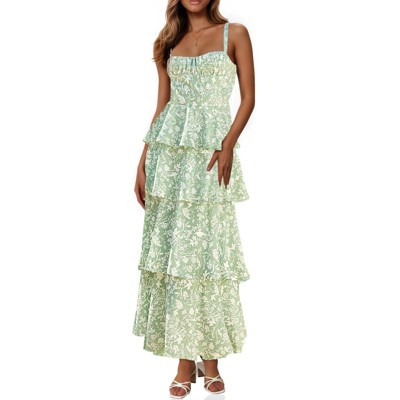 Imily Bela Womens Floral Maxi Dresses Spaghetti Strap Casual Sleeveless Ruffle Flowy Tiered Dress White Green XL | Target