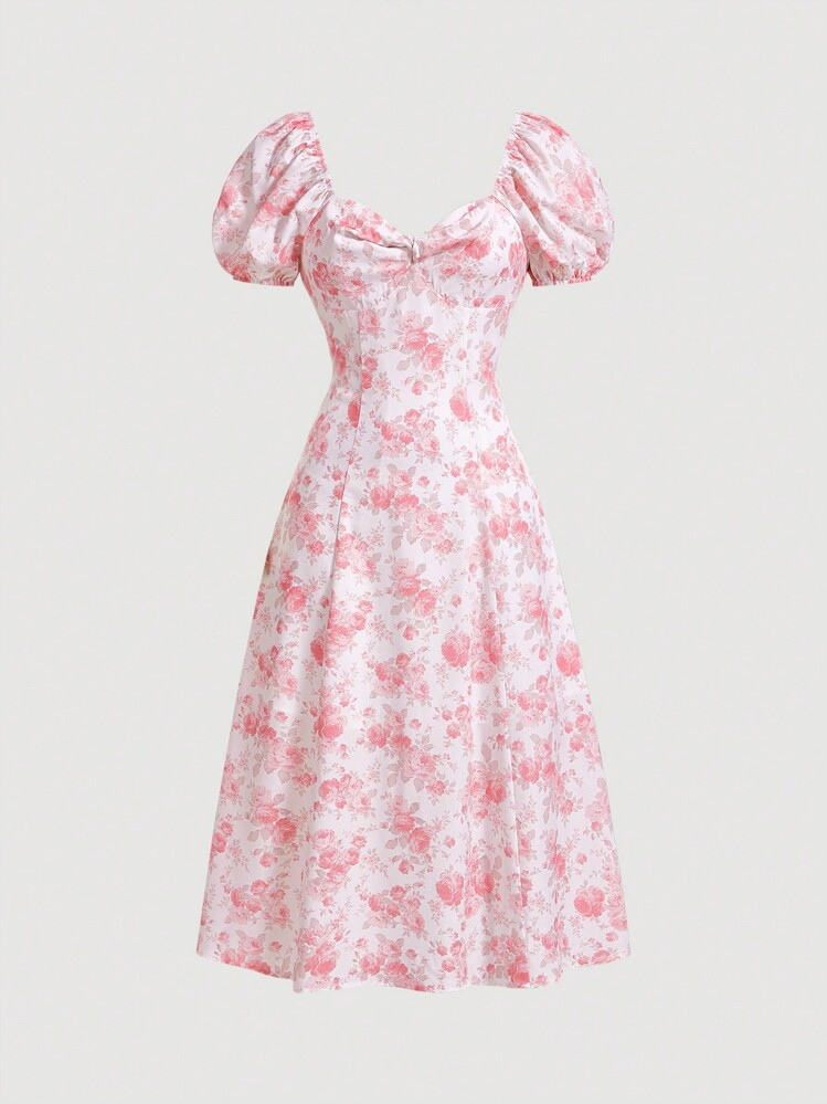 SHEIN Teen Girls' Woven Floral Print Sweetheart Neck Puff Sleeve Dress | SHEIN