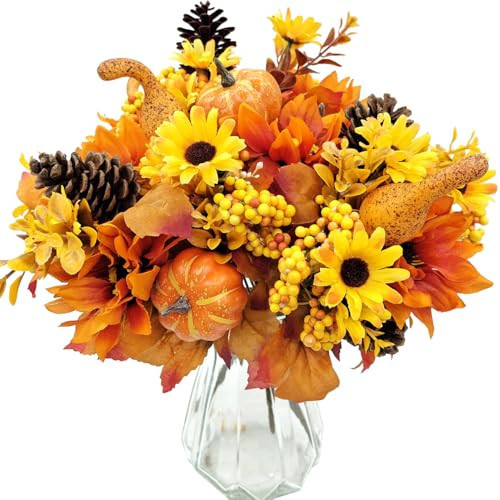 Mutcolor Fall Flowers Artificial for Decoration Silk Flowers Bouquet Fake Gerbera Daisy with Pumpkin Pine Cones Autumn Faux Fall Floral Arrangements for Indoor Home Table Centerpieces Vase Decor | Amazon (US)