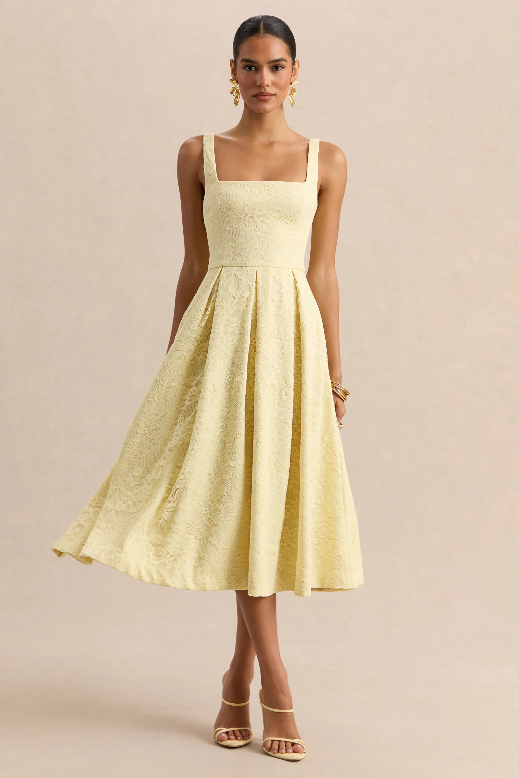 Ashmara | Lemon Lace Square-Neck Midi Dress | Club L London