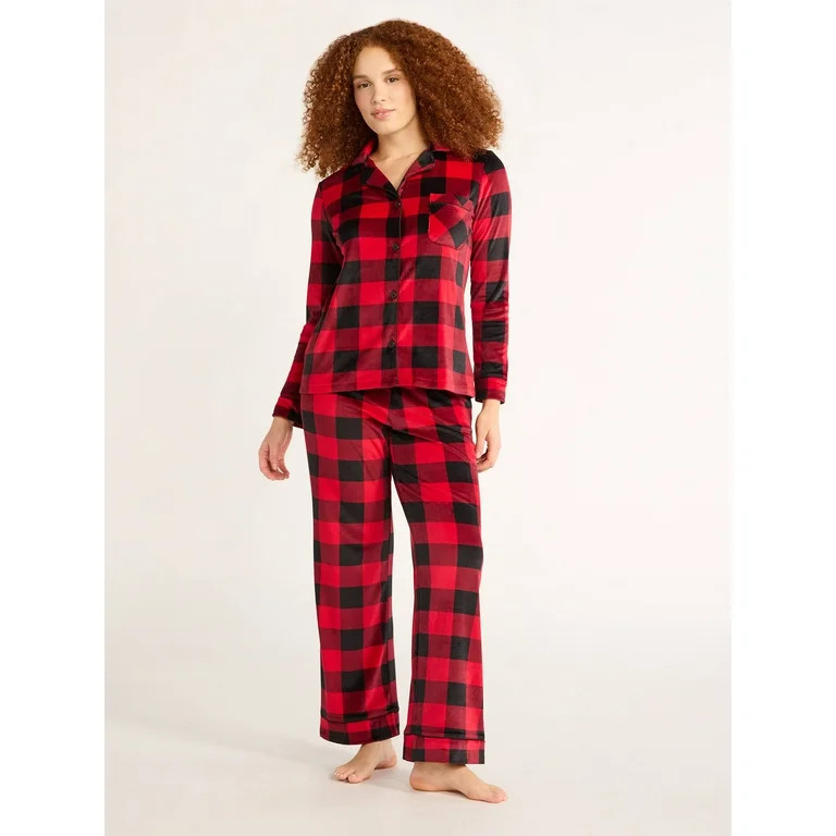 Joyspun Women's Velour Notch Collar Top and Pants Pajama Set, 2-Piece, Sizes S-3X | Walmart (US)