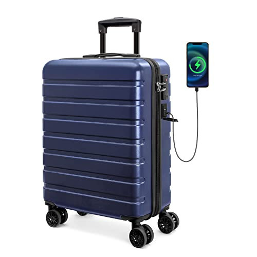 AnyZip Carry On Luggage 21" Hardside PC ABS Lightweight USB Suitcase with Wheels TSA Lock for kids DarkBlue | Amazon (US)