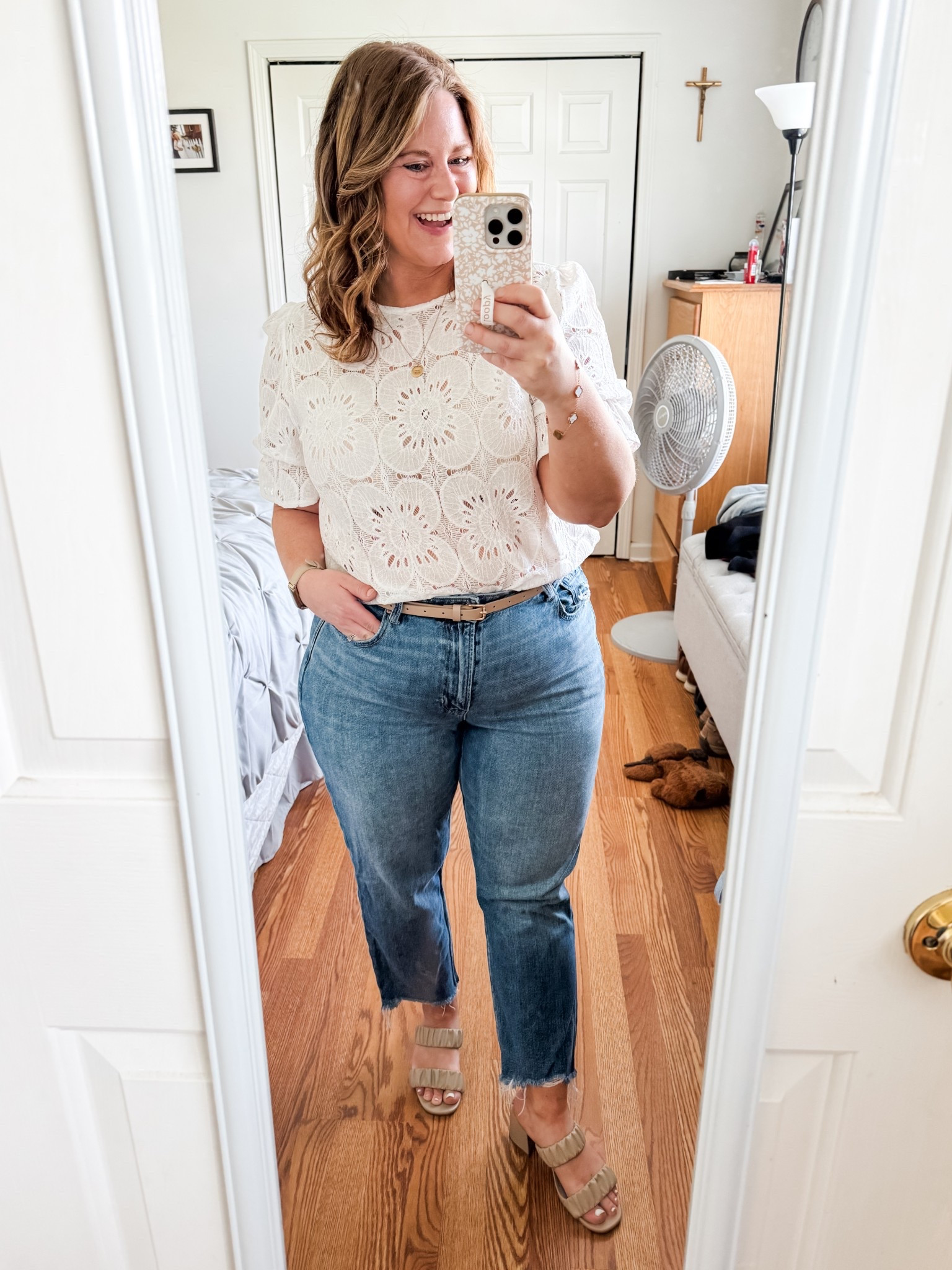 Can’t go wrong with white & denim for summer.  

Church outfit - wearing an XL in the lace top.  Jeans are a 14 X short.  

#LTKMidsize #LTKFindsUnder50 #LTKSeasonal
