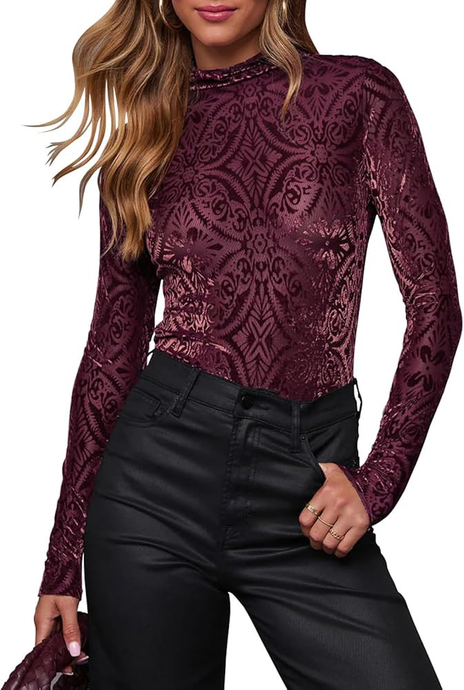 miduo Womens Velvet Burnout Top Crew Neck Long Sleeve Slim Fit See Through Shirt Blouses Tops | Amazon (US)