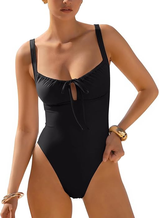 Women One Piece Swimsuit Cutout Tie Push Up Padded Bathing Suit | Amazon (US)