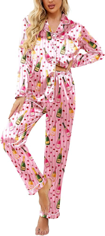 Ekouaer Women's Classic Button Down Long Satin Silk Pajama Set | Amazon (US)