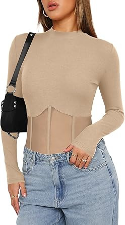 Darong Women Long Sleeve Bodysuit Crew Neck Sexy Mesh Sheer Panels Bodysuits Shirt Tops | Amazon (US)