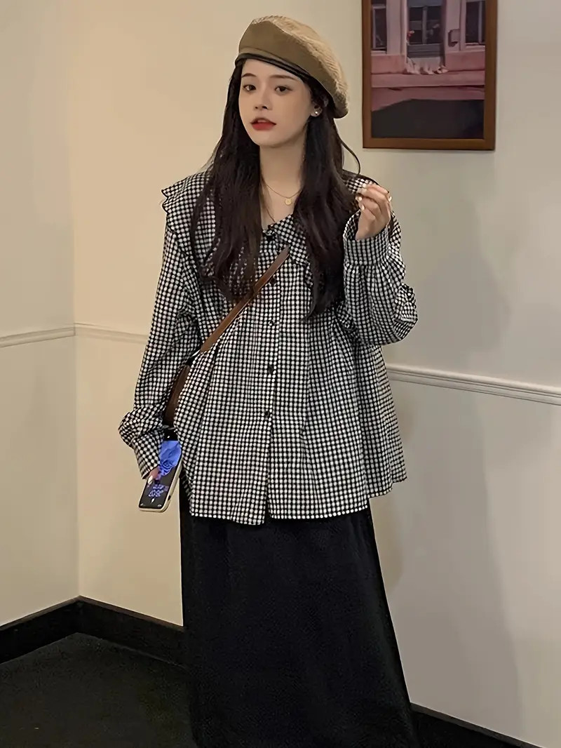 Plaid Print Peter Pan Collar Shirt, Sweet Long Sleeve Shirt For Spring & Fall, Women's Clothing | Temu Affiliate Program