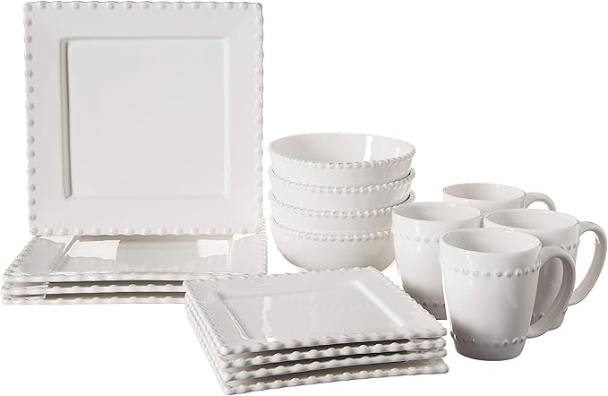 American Atelier Bianca Bead 16-Piece Ceramic Square Dinnerware Set -4 Dinner & 4 Salad Plates, 4... | Amazon (US)