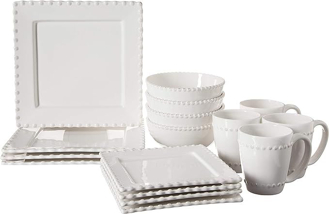 American Atelier Bianca Bead 16-Piece Ceramic Square Dinnerware Set -4 Dinner & 4 Salad Plates, 4... | Amazon (US)