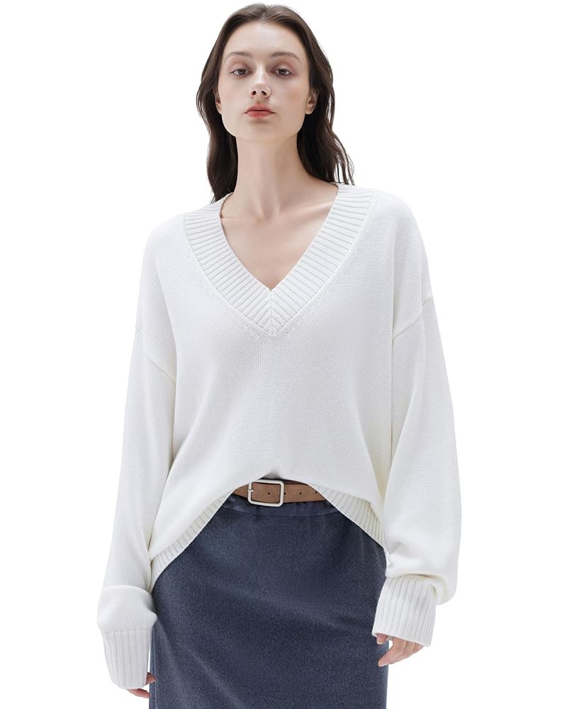 SUUKSESS Women Cashmere Oversized V Neck Pullover Sweaters Long Sleeve Jumpers | Amazon (US)
