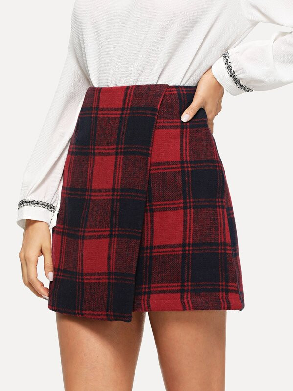 O-Ring Zip Back Plaid Wrap Skirt | SHEIN
