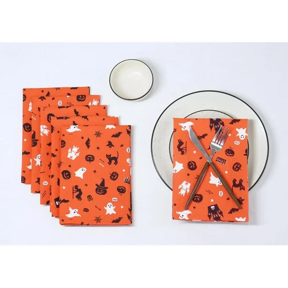 PurpleEssences 18"x18" Halloween Cloth Napkins Set of 6, Haunted House | Walmart (US)