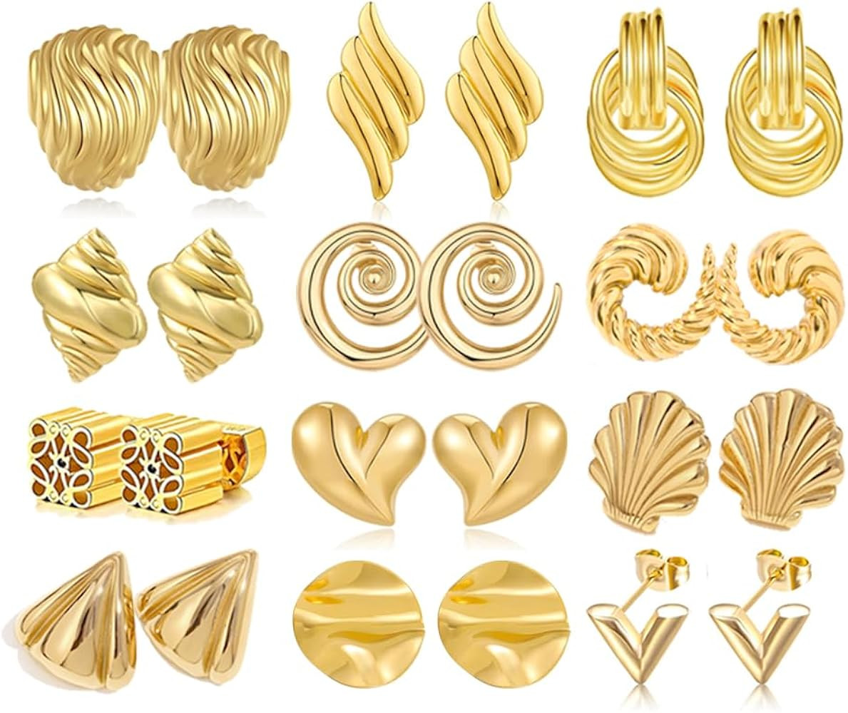 12 Pairs Gold Silver Statement Geometric Textured Earrings Spiral Earrings Chunky Trendy Knot Stu... | Amazon (US)