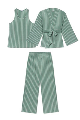 DreamModal® Kimono Three-Piece Pants Bundle in Boxwood Vertical Stripe - XXL | Lake Pajamas