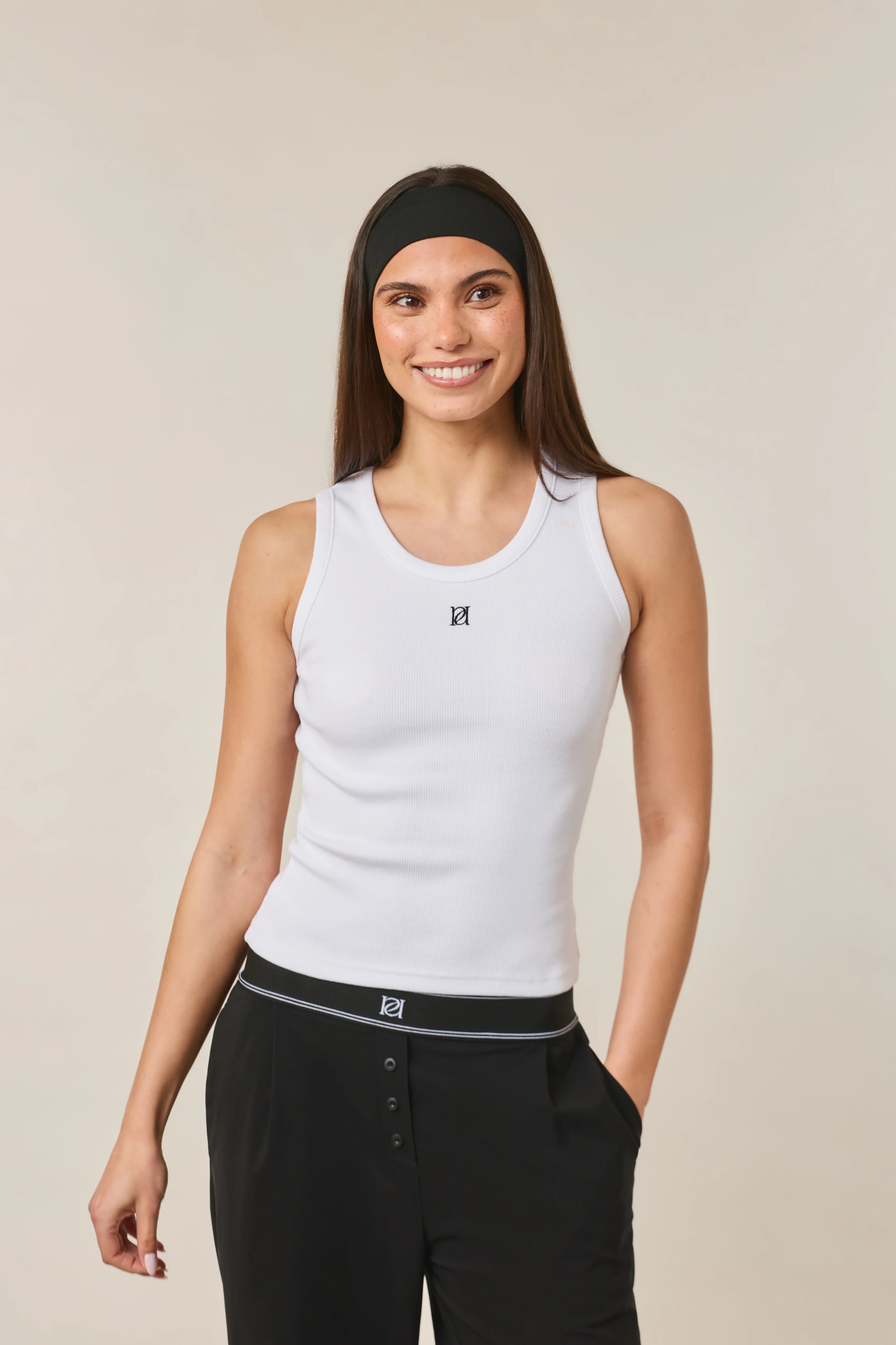 Ribbed Emblem Vest Top - Crème | Reasn