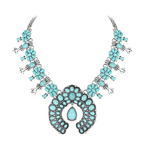 Flyonce Boho Blue Turquoise Collar Necklace, Vintage Style Art Deco Flower Costume Statement Necklace for Women | Amazon (US)