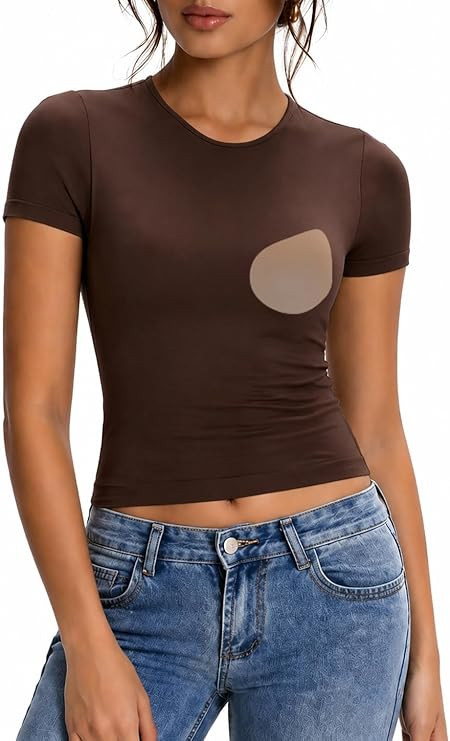 Abonlen Built in Bra T Shirts for Women Short Sleeve Crop Top Y2K Going Out Tops Fitted Basic Tee... | Amazon (US)