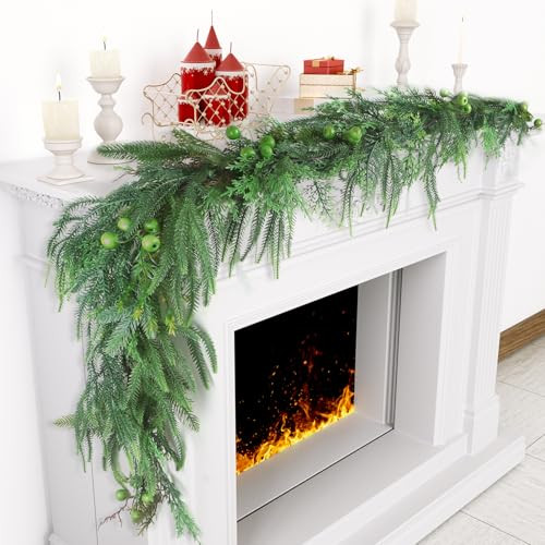 Norfolk Pine Garlands with Green Berry, 6Ft Artificial Soft Christmas Garland, Green Real Touch Greenery Garland for Table, Mantle, Stairs Railing, Indoor/Outdoor Christmas Decorations. | Amazon (US)