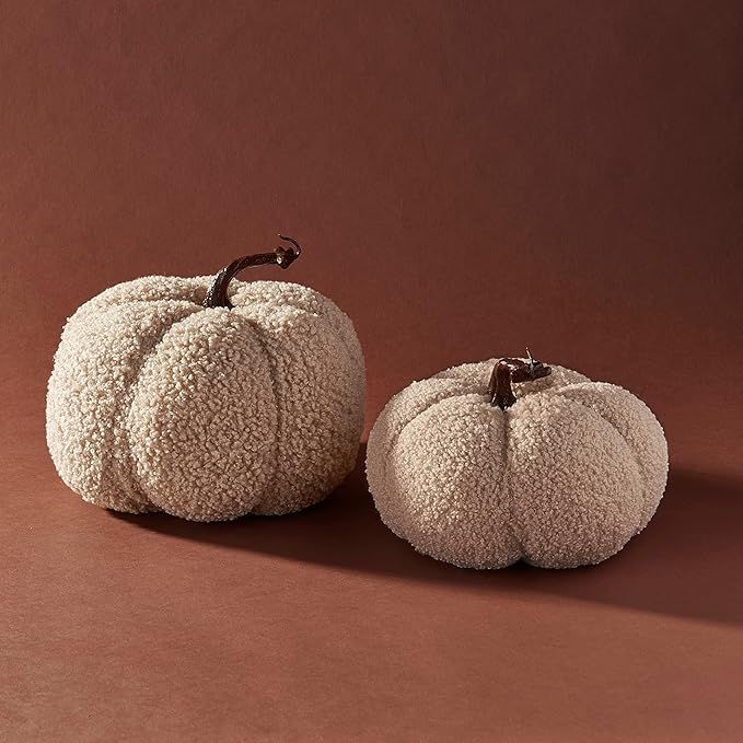 LampLust Sherpa Fabric Pumpkins for Decorating - Set of 2 Medium Plush Faux Pumpkin Decorations w... | Amazon (US)