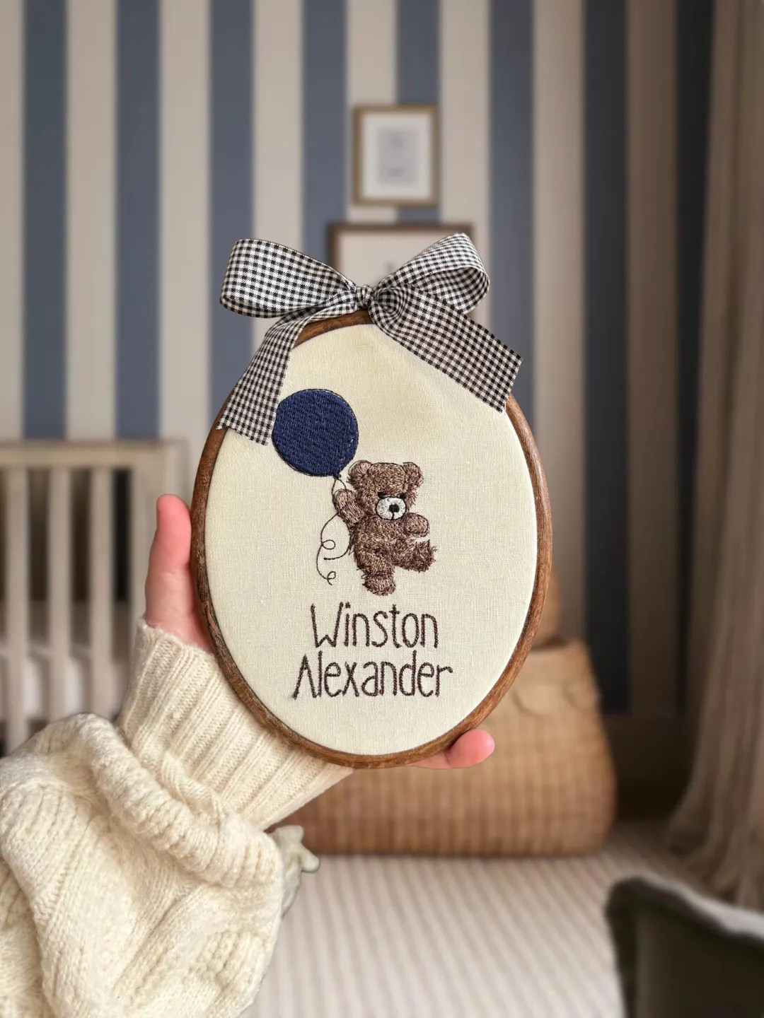 Oval Baby Name Sign Embroidered With a Teddy and Balloon | Baby Name Announcement and Nursery She... | Etsy (US)
