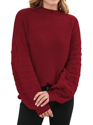 Sovoyontee Women's Red Oversized Crewneck Long Puff Sleeves Chunky Knit Cute Fall Pullover Sweater Tops S | Amazon (US)