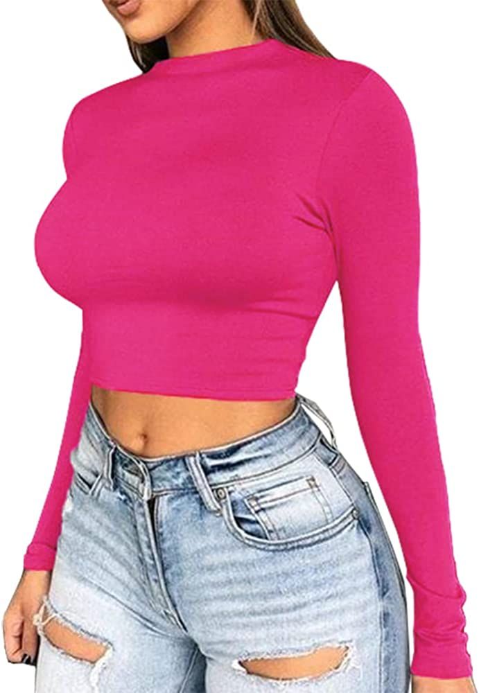 Artfish Women Long Sleeve Stretchy Crop Top Sexy Slim Fitted Fleece Lined Cropped Shirts | Amazon (US)