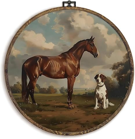 KFXHANGD Hunting Gifts Horse Dog Framed Wall Art, Farmhouse Horses Round Canvas Prints Wall Art, ... | Amazon (US)
