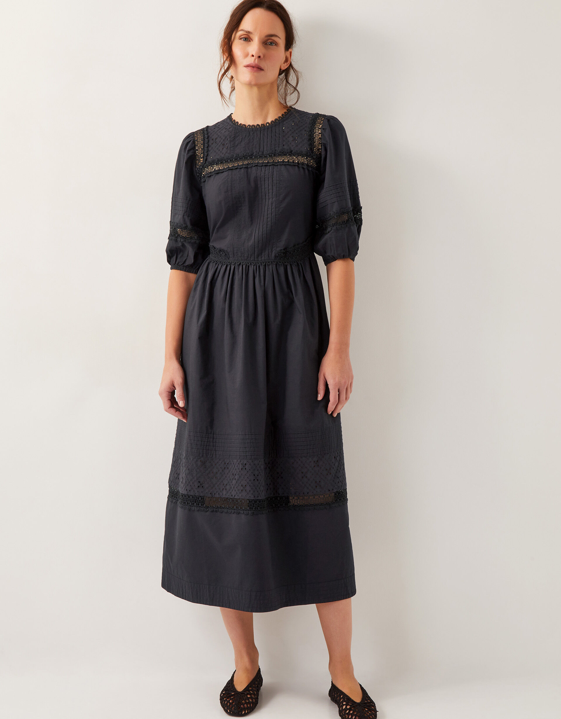Odilia Broderie Puff-Sleeve Midi Dress Black | Monsoon (UK)