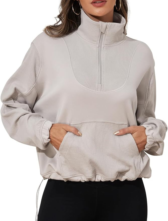 PrettyGuide Womens Scuba Cropped Half Zip Sweatshirt Pullover Stand Collar Ribbed Quarter Zip Hoo... | Amazon (US)