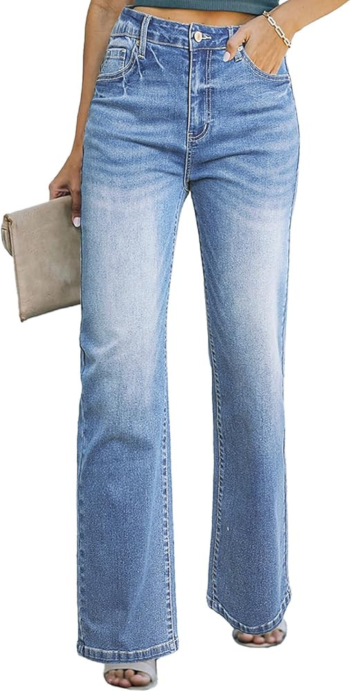 Sidefeel Women's Wide Leg Jeans Casual High Waisted Straight Stretch Denim Pants with Pockets | Amazon (US)