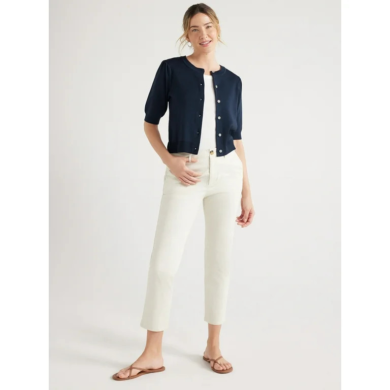 Free Assembly Women's Cardigan Sweater with Short Puff Sleeves, Midweight, Sizes XS-XXL | Walmart (US)