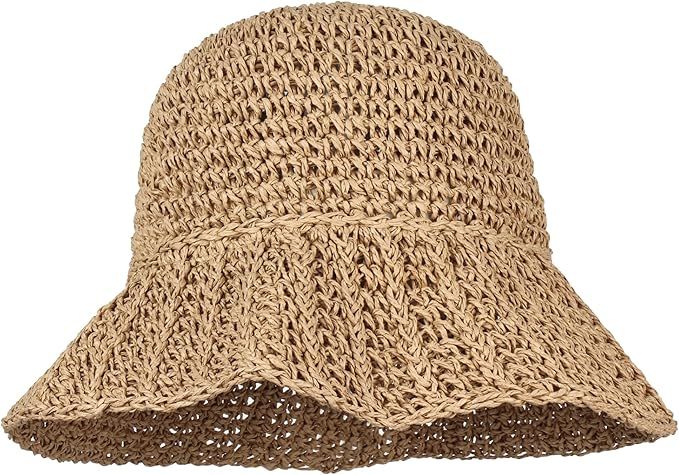 Solid Color Crochet Straw Hat Foldable Wide Brim Outdoor Sun Visor Hat Bucket Hat for Women Girl | Amazon (US)