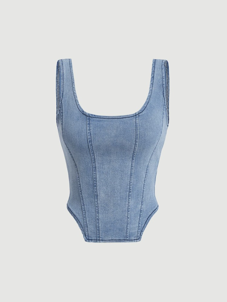 SHEIN MOD Square Neck Hanky Hem Denim Top | SHEIN