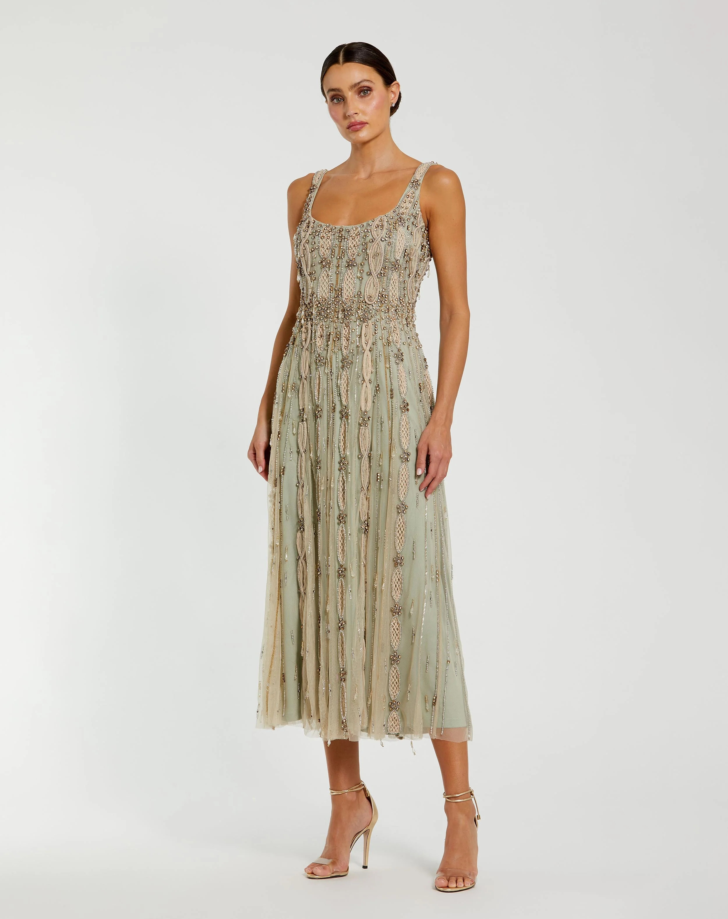 Embellished Mesh Sleeveless Scoop Neck Midi Dress | Mac Duggal