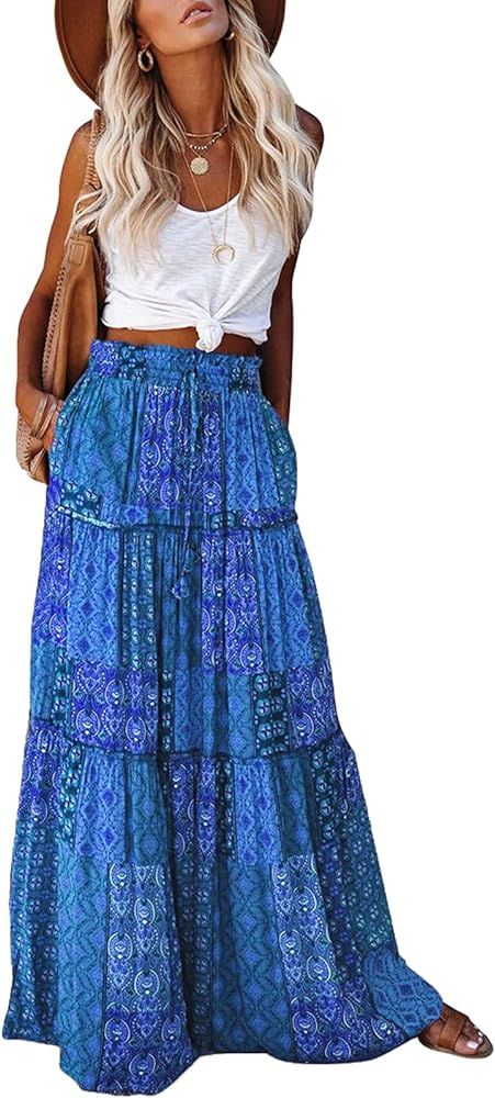 Happy Sailed Womens Floral Print Boho Maxi Skirt Elastic High Waist Pleated Ruffle Flowy Long Ski... | Amazon (US)