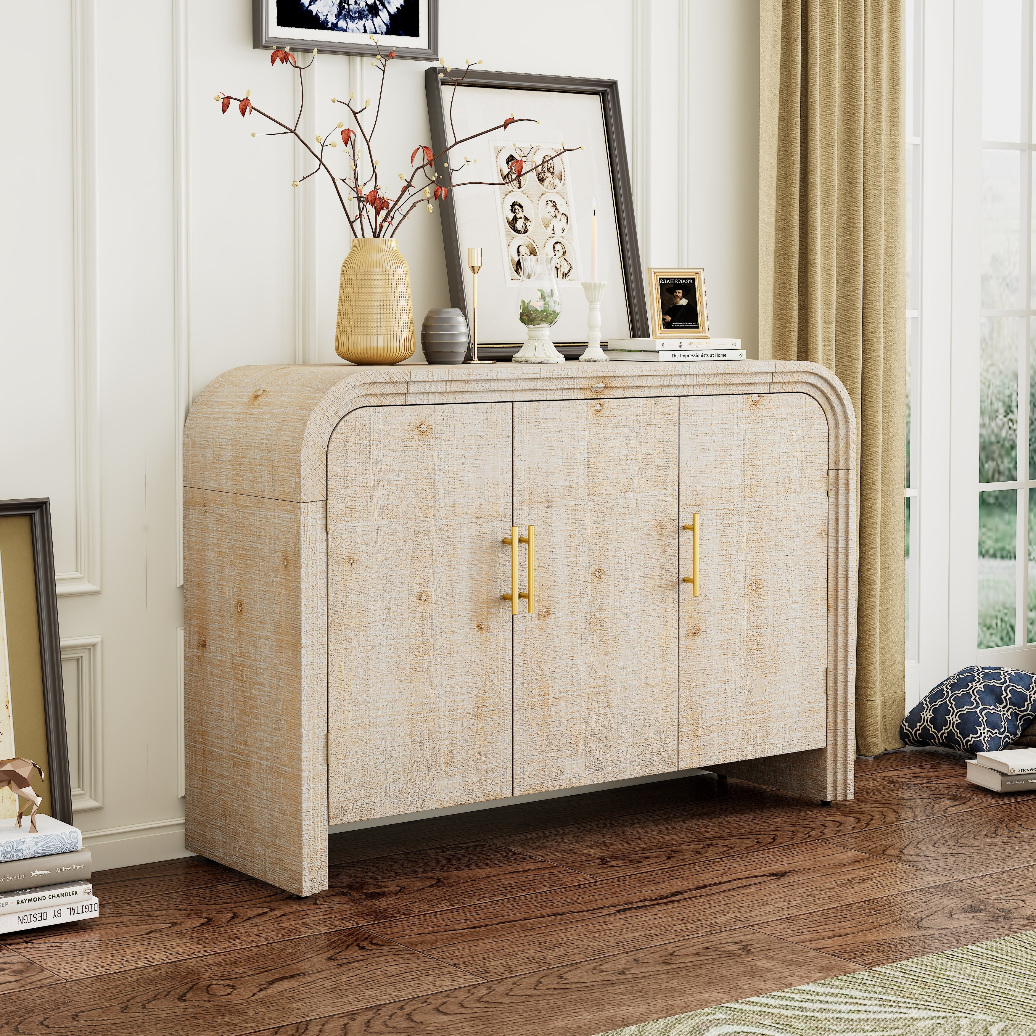 Elegant Curved Sideboard with Gold Handles - Retro Minimalist Design for Living or Dining Room Decor (Natural Wood Wash) | Bed Bath & Beyond