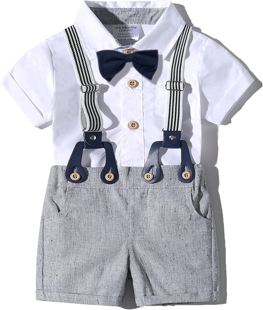 Baby Boys Gentleman Outfits Suits, Infant Short Sleeves Shirt+Bib Pants+Bow Tie Overalls Clothes ... | Amazon (US)
