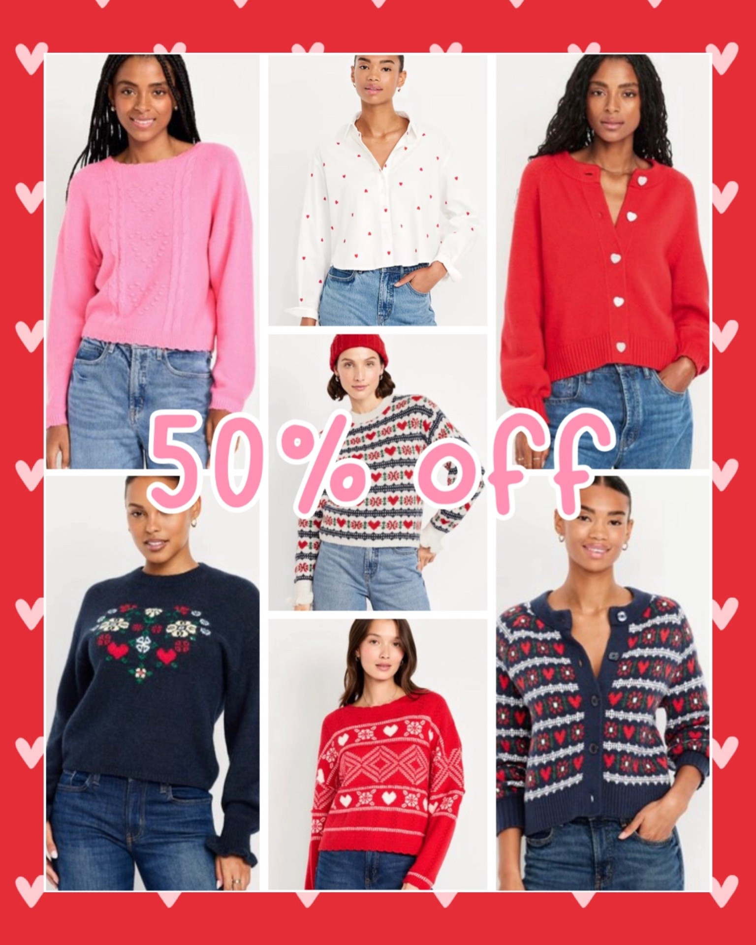Old Navy Valentine Sweaters 50% Off ❤️🩷

LTK Description:
Valentine’s sweaters are 50% off at Old Navy and they are SO good this year ❤️🩷 From heart print sweaters and cozy graphic knits to classic red cardigans and festive pullovers — these are perfect for Valentine’s Day outfits, classroom parties, casual date nights, or everyday winter wear.

All of these styles are super soft, easy to style with jeans, and great for layering now through February. Such a good time to grab cute heart sweaters, festive knits, and affordable Valentine’s Day outfits before sizes sell out 💕✨

Old Navy always does holiday sweaters right — and at these prices, they’re total closet staples ❤️🧣

valentine sweater, heart sweater, old navy sale, valentines day outfit, red sweater outfit, pink sweater outfit, affordable valentine outfit, cozy winter sweater, heart print cardigan, casual valentines look


#LTKWorkwear #LTKSaleAlert #LTKValentine