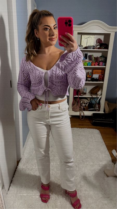 Easter outfit
- knit crochet sweater in lavender (also comes in tan, sage green, black, ect)
- white tank 
- white jeans
- pink braided wedge sandals

#LTKSeasonal #LTKunder50 #LTKfit