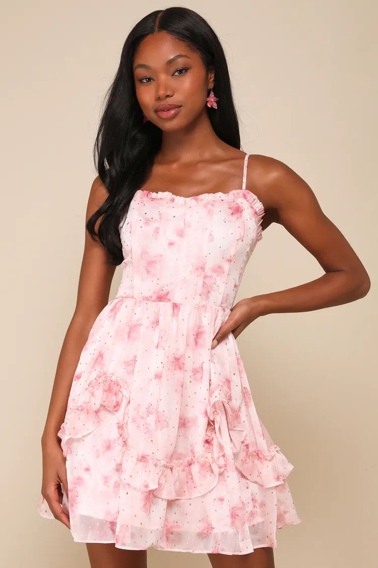 Light Pink Floral Sleeveless Ruffled Mini Dress | Light Pink Dress | Floral Pink Dress | Lulus