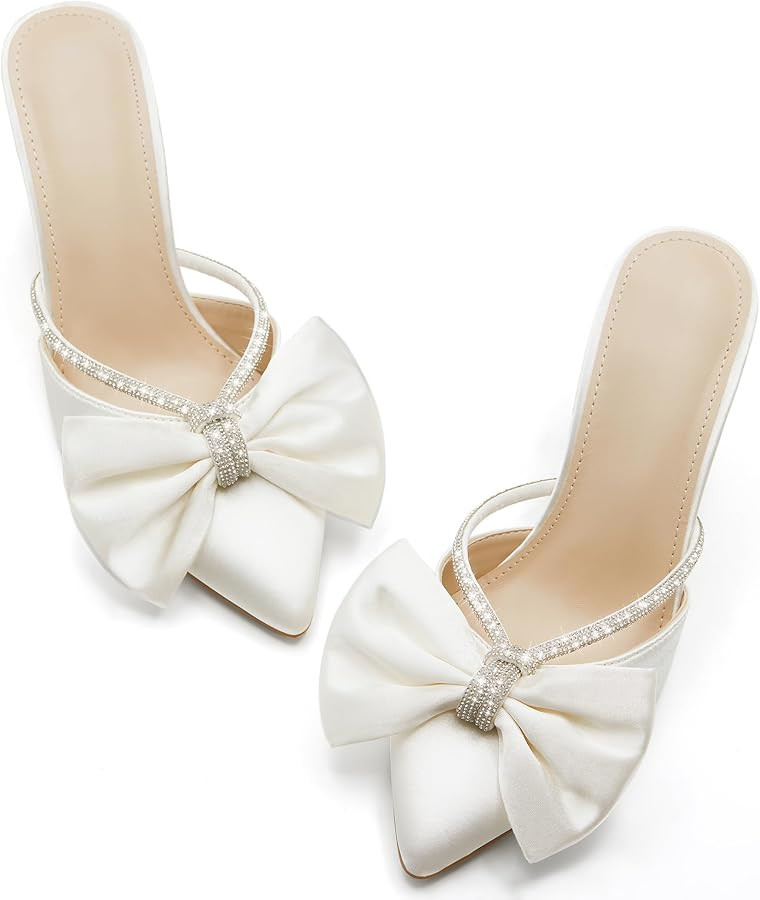 Coutgo Womens Bow Heels Mules Pointed Closed Toe Sandals Rhinestone Satin Backless Wedding Shoes | Amazon (US)