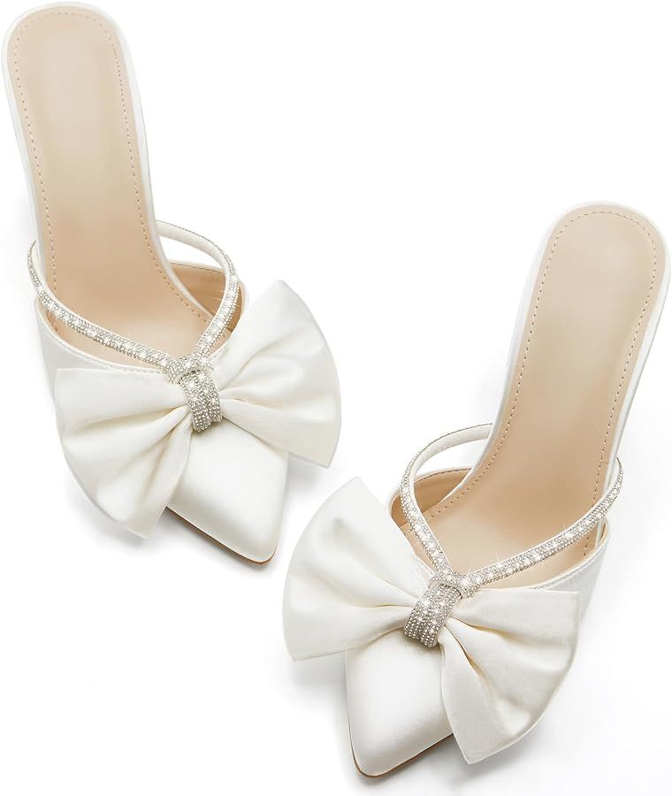 Coutgo Womens Closed Pointed Toe Heels Mules Bow Rhinestone Satin Slip On Backless Wedding Dress ... | Amazon (US)