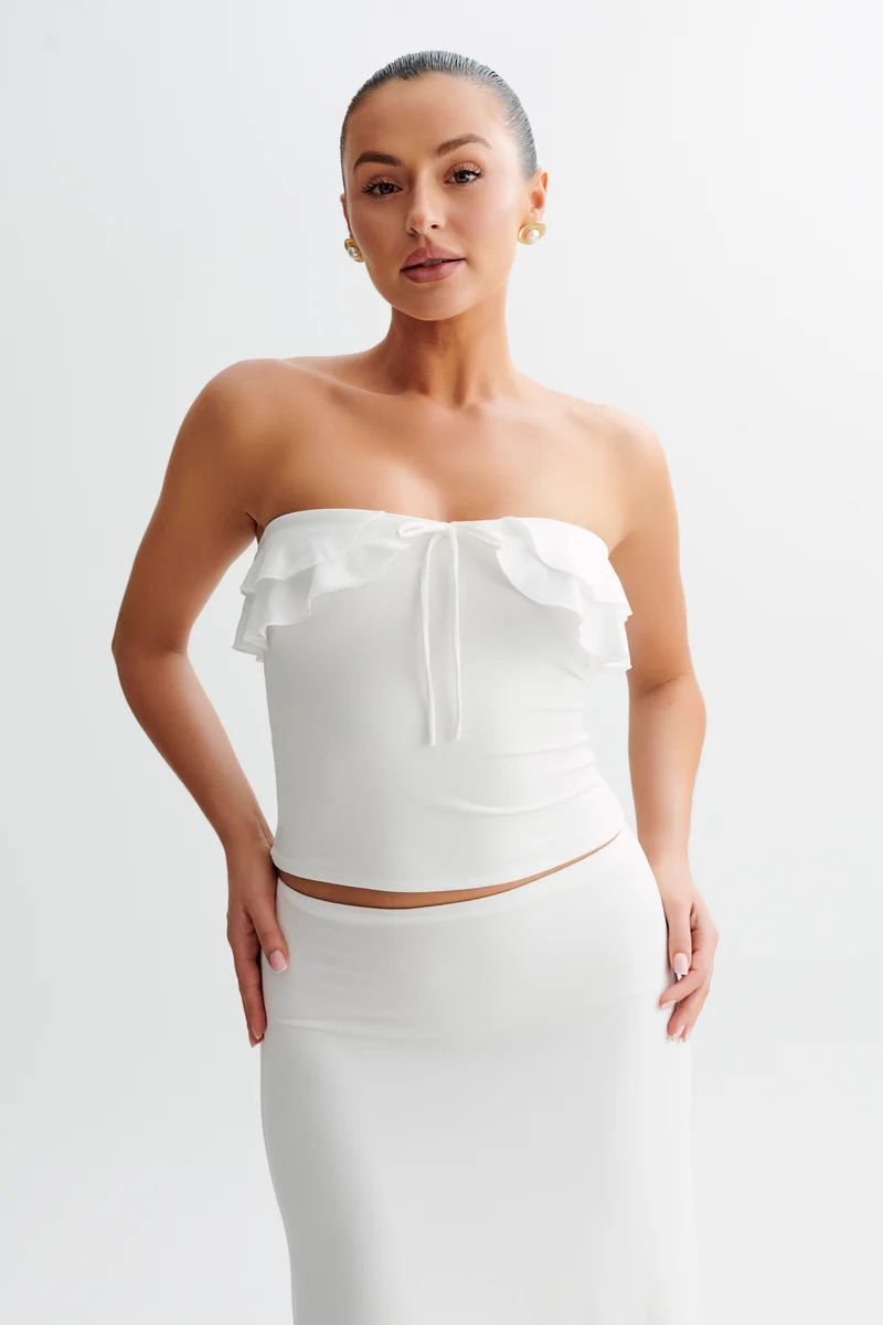 Bea Strapless Slinky Ruffle Top - White | MESHKI US