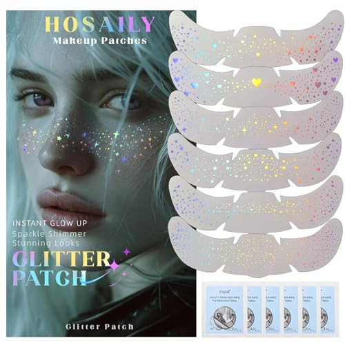 HOSAILY 6 pcs Holographic Glitter Freckles Face Tattoo, Waterproof Sparkle Body Glitter Speckles Patches for Women, Cute Star Glitter Stickers Temporary Tattoo Makeup Accessories for Festival Rave | Amazon (US)